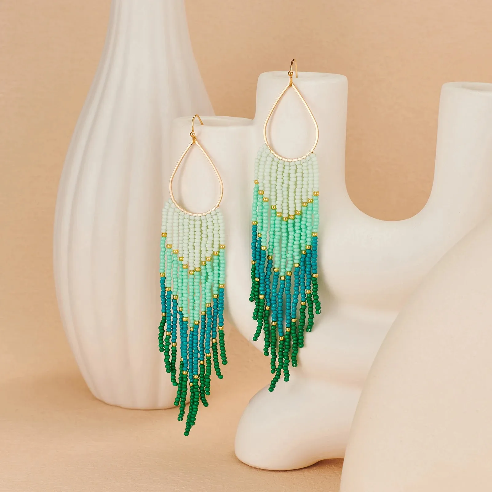 Bohemian Beaded Tassel Earrings | Color Gradient Drop Earrings | Handmade Seed Bead Jewelry