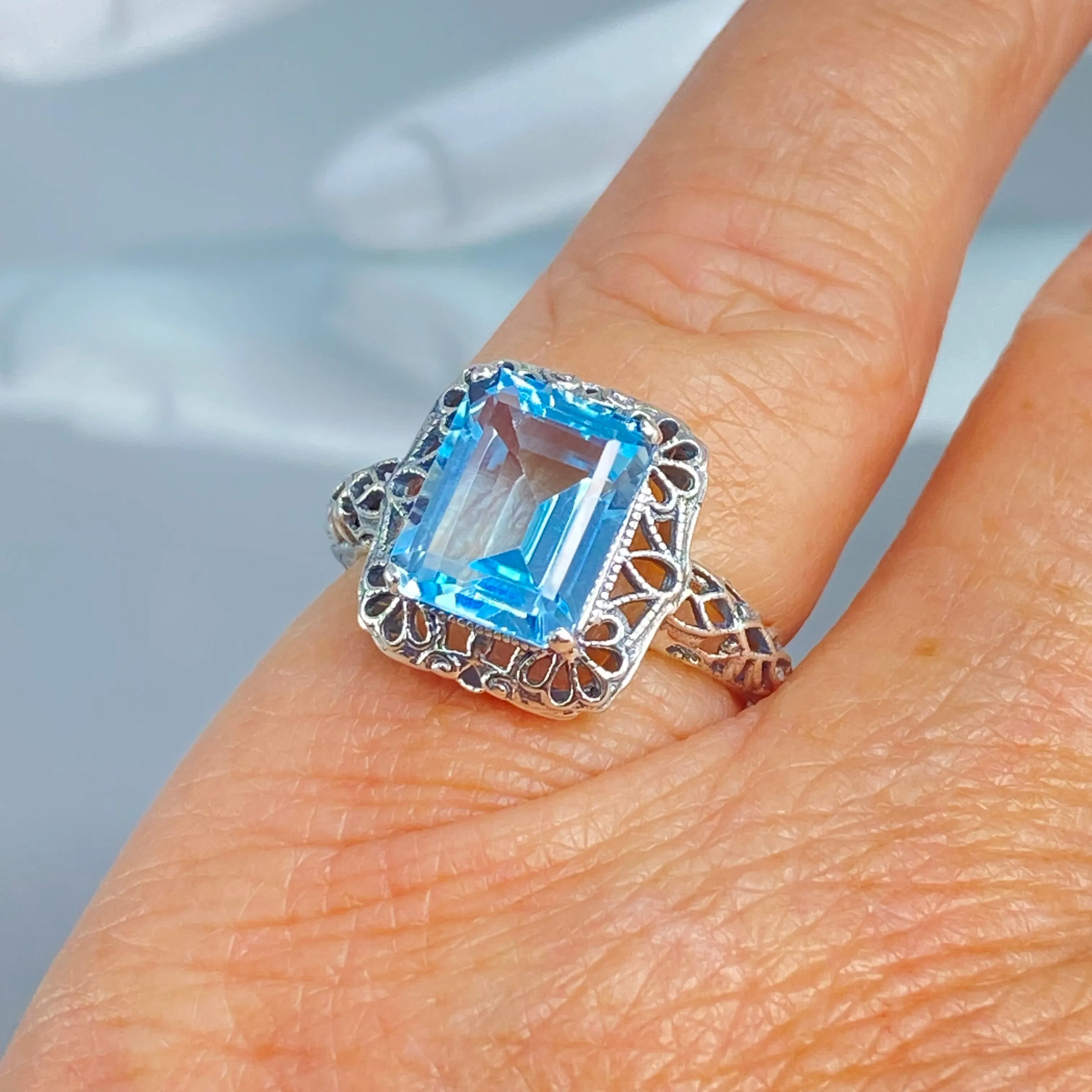 Natural Blue Topaz Ring, Vintage Filigree, Victorian Revival Jewelry, D150