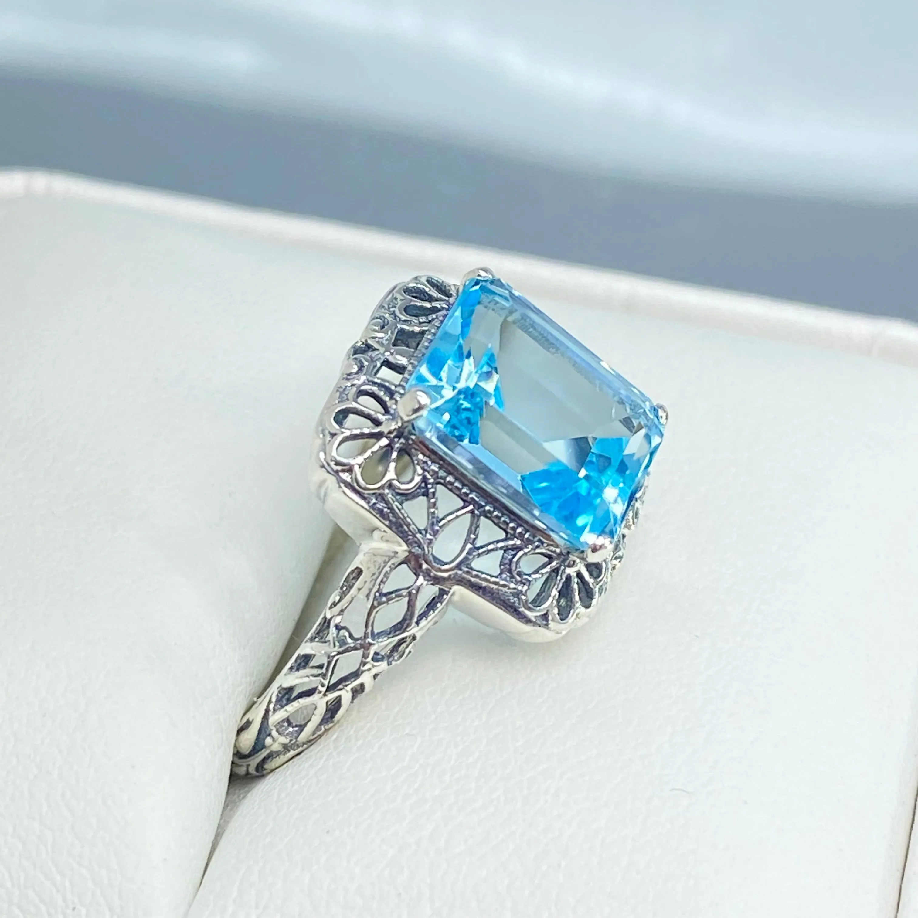Natural Blue Topaz Ring, Vintage Filigree, Victorian Revival Jewelry, D150
