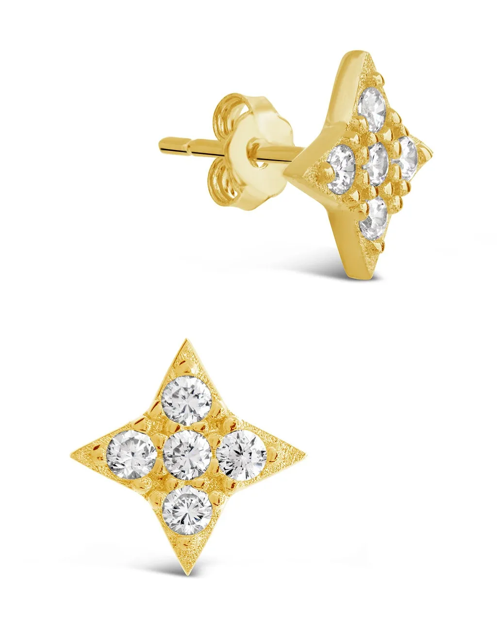 Sterling Silver Four Pointed CZ Star Stud Earrings