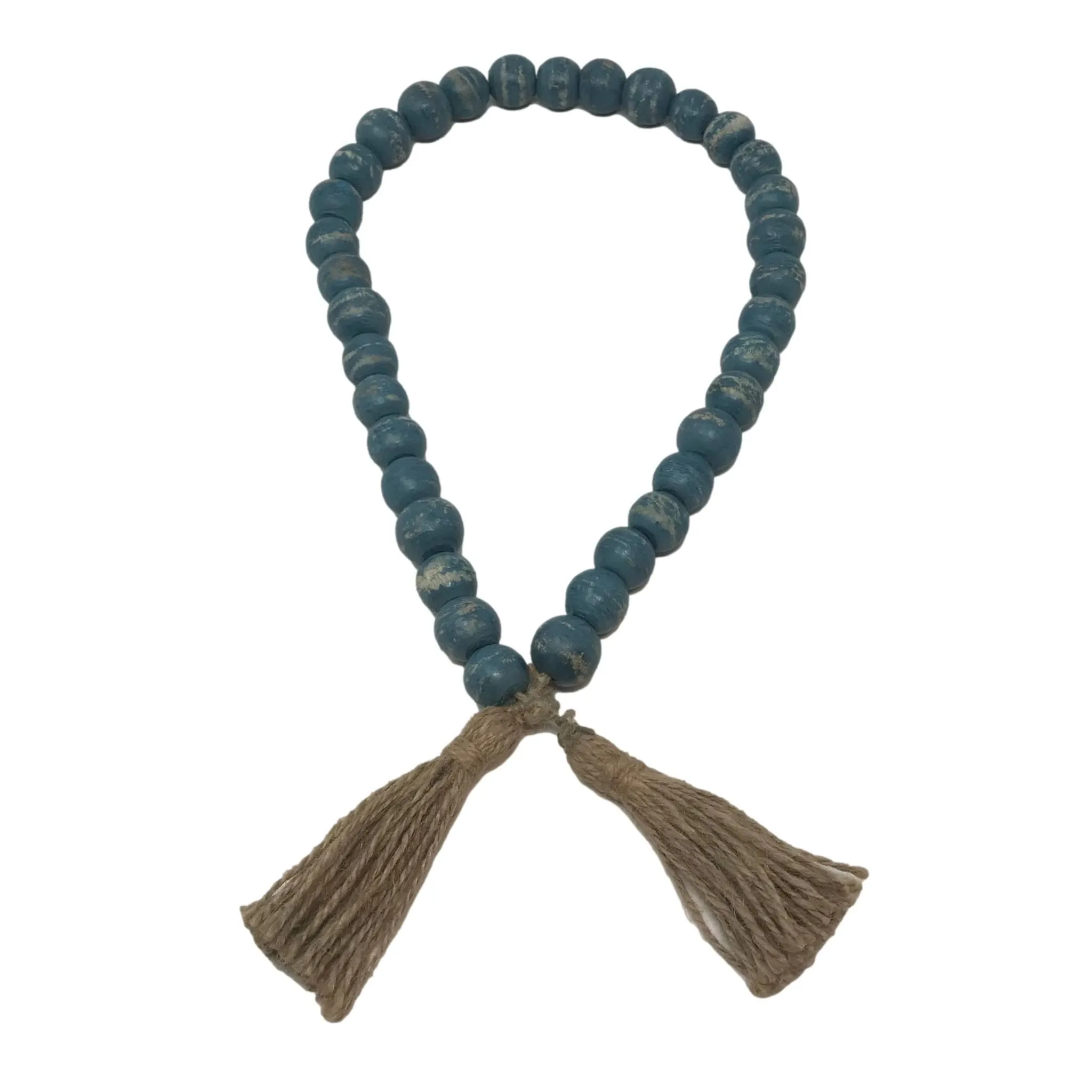 Wooden Boho Bead Garland with Natural Jute Tassels-Whitewash: Turquoise